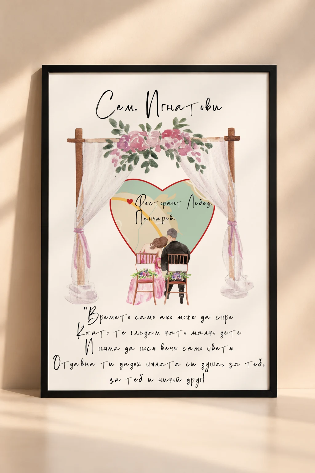 Сватбена рамка „Сватбена карта-сърце с младоженци и флорален венец“ с персонализирана карта, имена и романтични детайли.